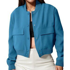 Womens Peacock Blue Spring Varsity Bomber Jacket Cropped Button Down Casual Coat